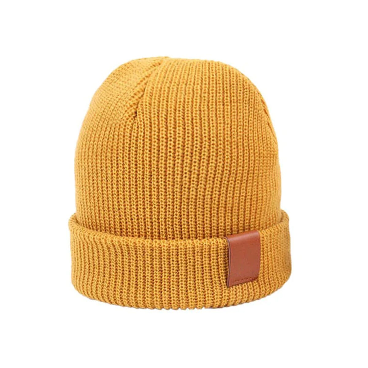 a yellow knit hat with a brown band